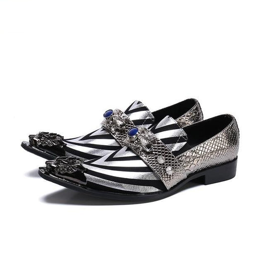 British Style Party Men Dress Shoes Stripe Genuine Leather Formal Shoes Gold Silver Pointed Toe Business Shoes - LiveTrendsX