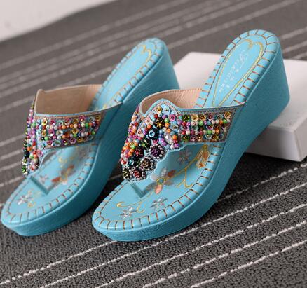 Women Summer Chunky Heels Beading Wedges Platform Retro Slippers New Arrival Rhinestone Bohemia Style Lady Beach Flip Flops - LiveTrendsX