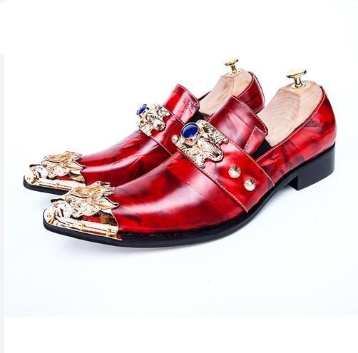 Luxury Italian Men Business Shoes Pointed Toe Formal Dress Shoes Metal Charm Genuine Leather Party Men Shoes Red - LiveTrendsX