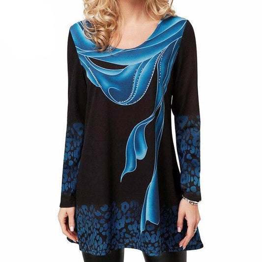 Women Fashion Sea Blue Hot Design Long Sleeve Tee Printed O-neck T-Shirt Elegant Female Casual Outdoor Style Tops H223 - LiveTrendsX