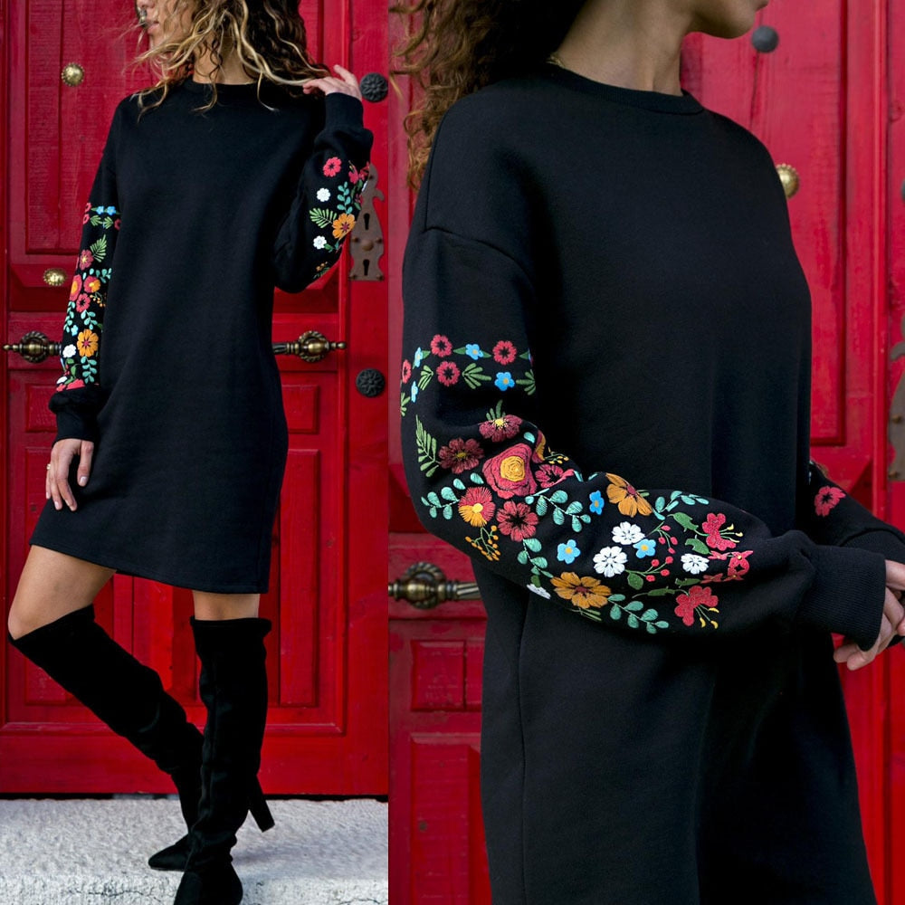 Dress Women Floral Print Long Sleeve O-Neck Loose thin Warm sexy Mini Dresses Elegant multicolor Black mujer Autumn vestido 2019 - LiveTrendsX