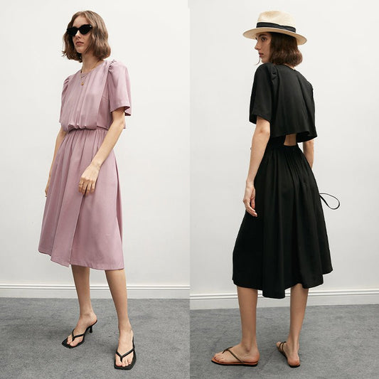 Puff Sleeve Pink Purple Black Design Short Sleeve A Swing Dress - LiveTrendsX