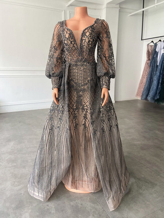 Puffy Long Sleeve Women Beaded Lace Formal Evening Party Gowns - LiveTrendsX