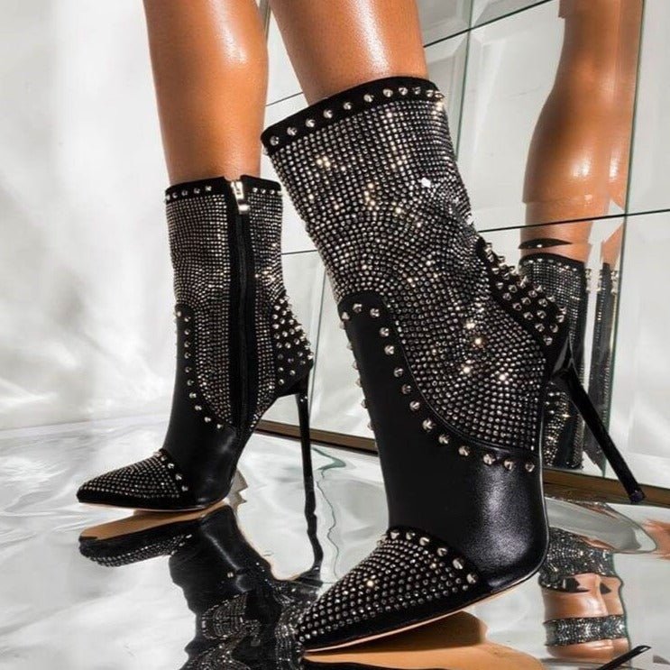 Punk Style Autumn Rivet Crystal Decor Women Ankle Boots - LiveTrendsX