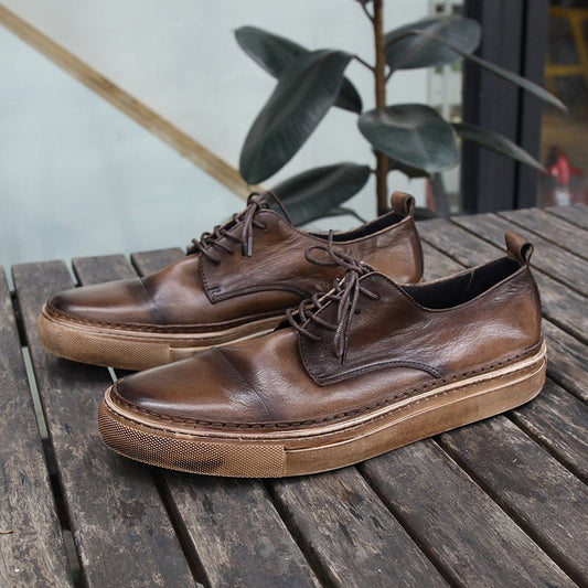 Retro trend sneakers genuine leather round toe handmade casual shoes - LiveTrendsX