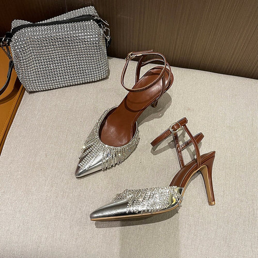 Rhinestone Tassel Chain Word with Stiletto Heel Sandals - LiveTrendsX