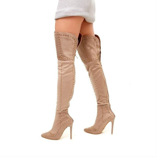 Rivets Thigh High Boots Pointed Toe Stilettos Sexy Ladies Shoes - LiveTrendsX