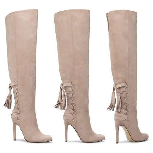 Roman Cross tied Pointed Toe Shoes Woman Suede Leather Long Boots - LiveTrendsX