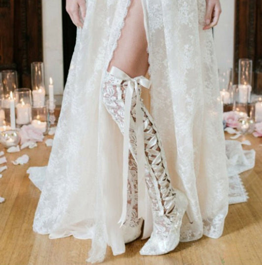 Romantic Floral Lace Ribbons Bandage Over Knee Boots - LiveTrendsX