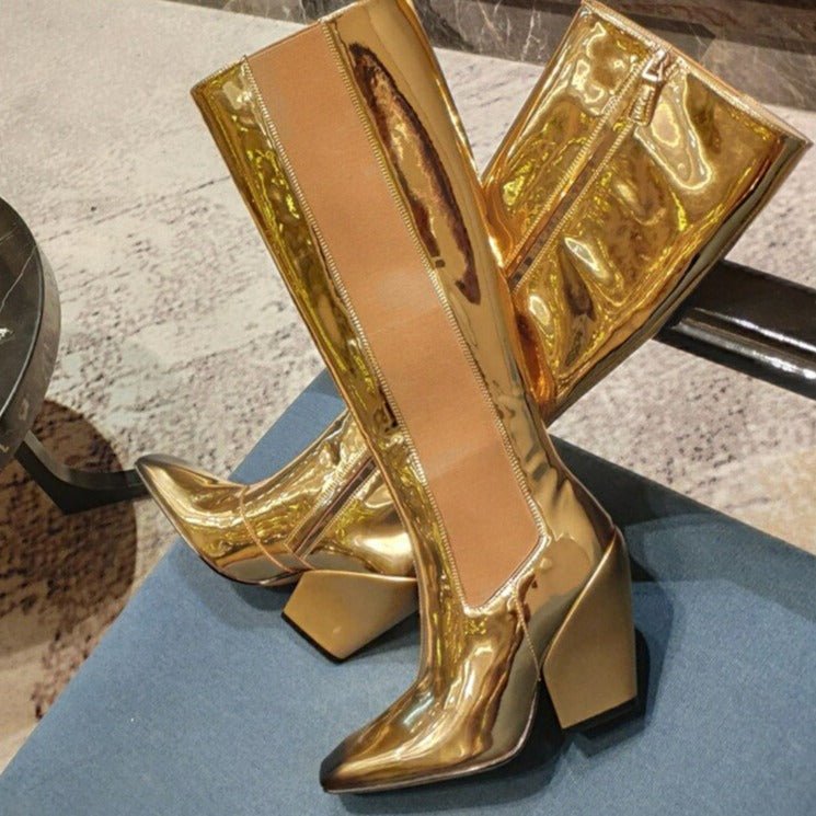 Runway Women Leather Pointed Toe Chunky High Heels Boots - LiveTrendsX