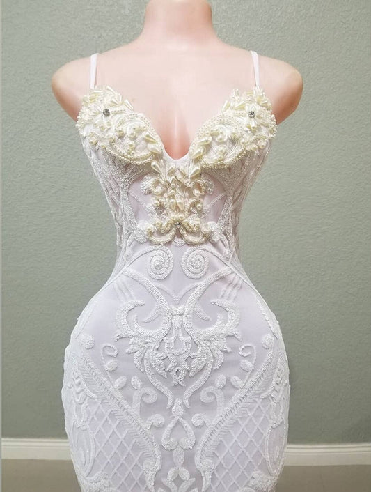 See Through Mermaid Sweetheart White Sequin Fitted Long Prom Dresses - LiveTrendsX