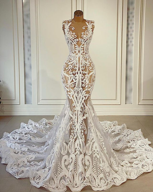 See Through Mermaid Wedding Dresses Illusion Lace Appliques Bridal Gowns - LiveTrendsX