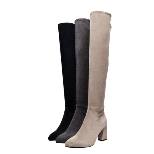 Sexy Slim Fit Elastic Flock Over The Knee Round Head Zipper Boots Women Shoes - LiveTrendsX