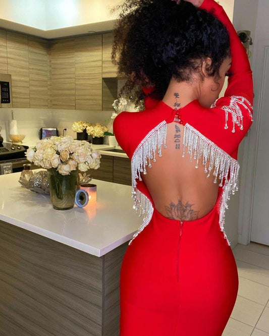 Sexy Sparkly Backless Diamonds Tassel Rayon Bandage Dress - LiveTrendsX