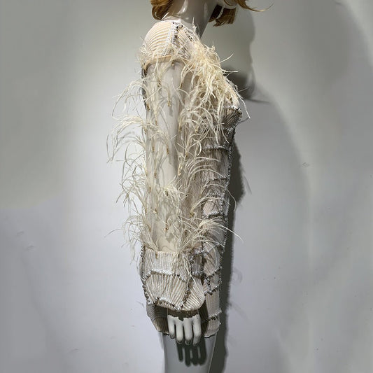 Sexy V - neck Beaded Dress Beaded Long Sleeve Feather Wine Dress - LiveTrendsX