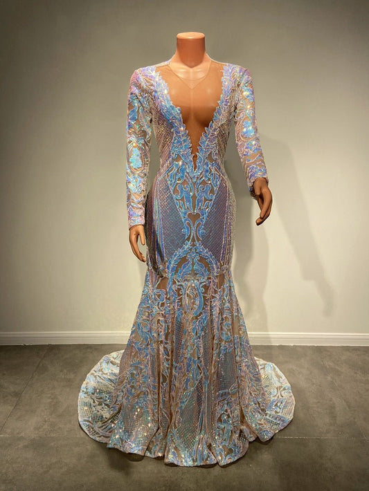 Sheer O - neck Sparkly Long Sleeve Sexy Mermaid Girls Prom Gowns - LiveTrendsX