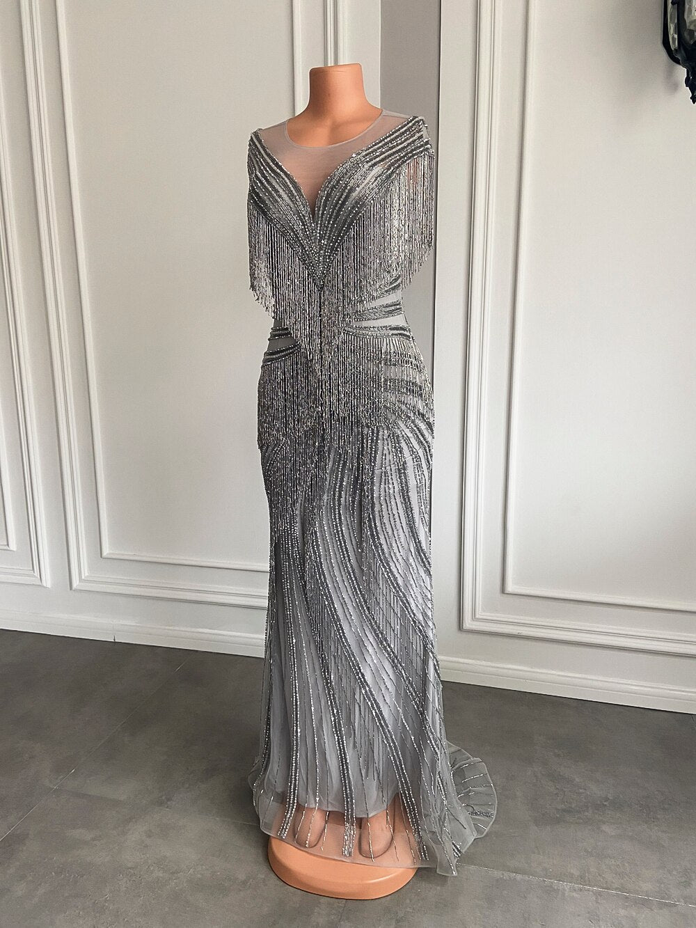 Sheer Scoop Beaded Crystals Silver Women Formal Evening Party Gowns - LiveTrendsX