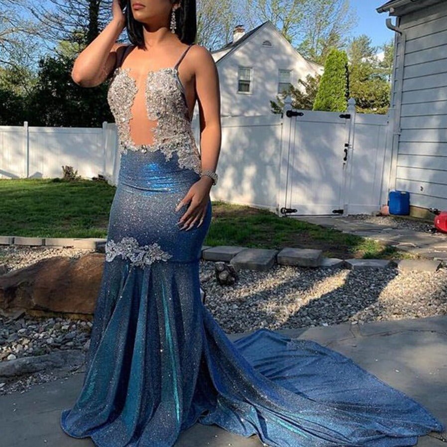 Sheer Top Beaded Lace Sparkly Navy Blue African Black Girls Gowns - LiveTrendsX