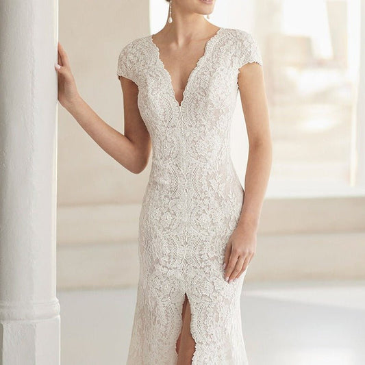 Silk Short Sleeve Front Slit Trailing Wedding Dress - LiveTrendsX