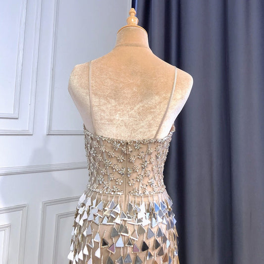 Silver Nude Spaghetti Strap Luxury Evening Dresses Gown - LiveTrendsX