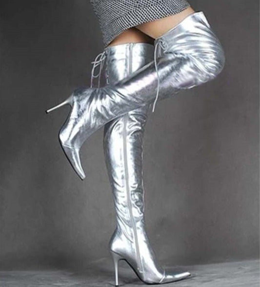 Silver Patent Leather Women Shoes Over Knee Long Boots - LiveTrendsX