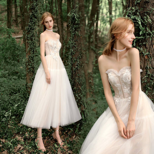 Simple tube top lace light wedding dress mid - length tutu skirt - LiveTrendsX