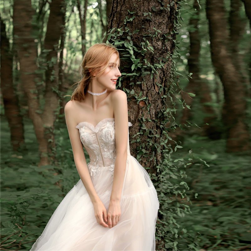 Simple tube top lace light wedding dress mid - length tutu skirt - LiveTrendsX