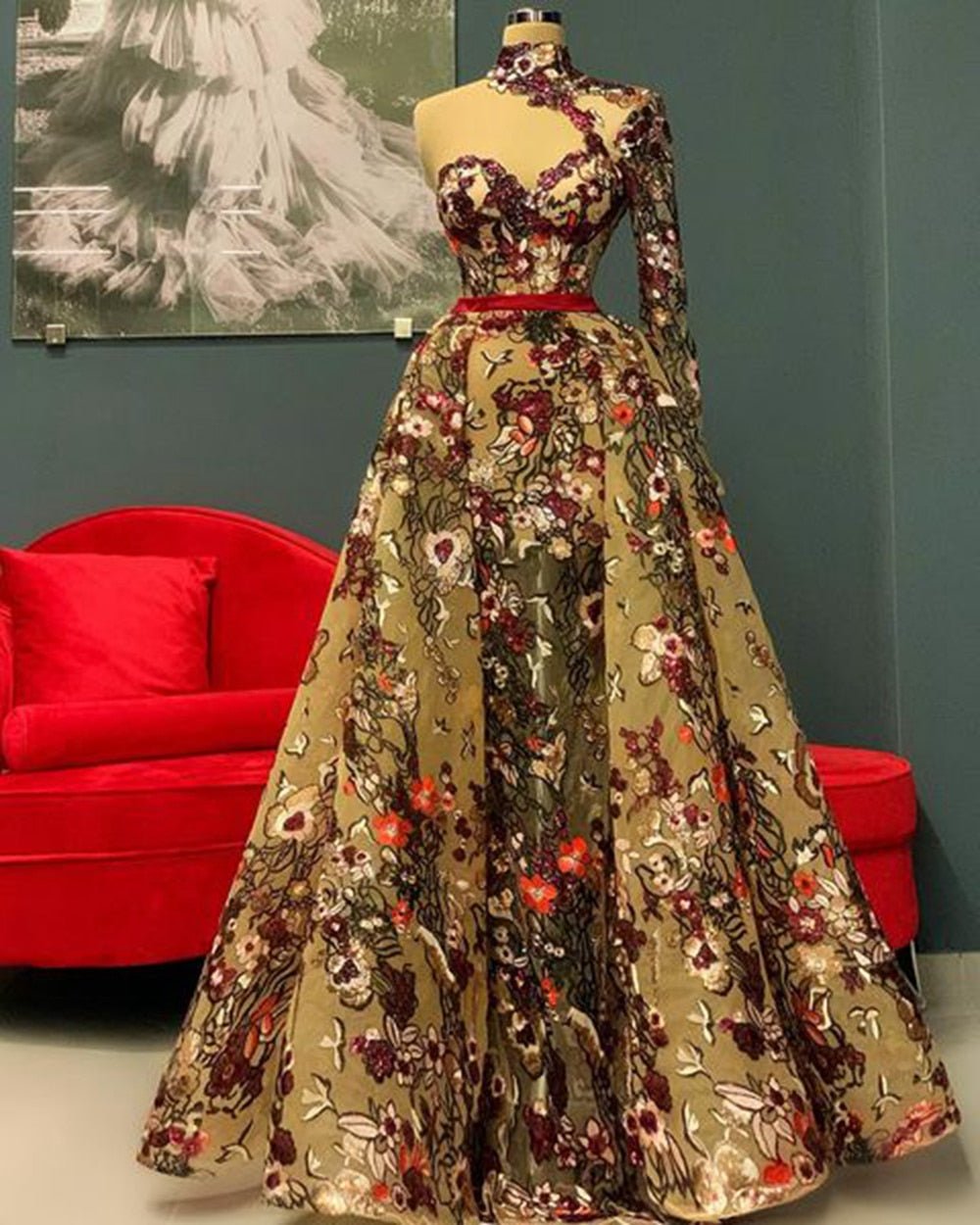 Single Long Sleeve Flowers Dubai Women Evening Party Gowns - LiveTrendsX