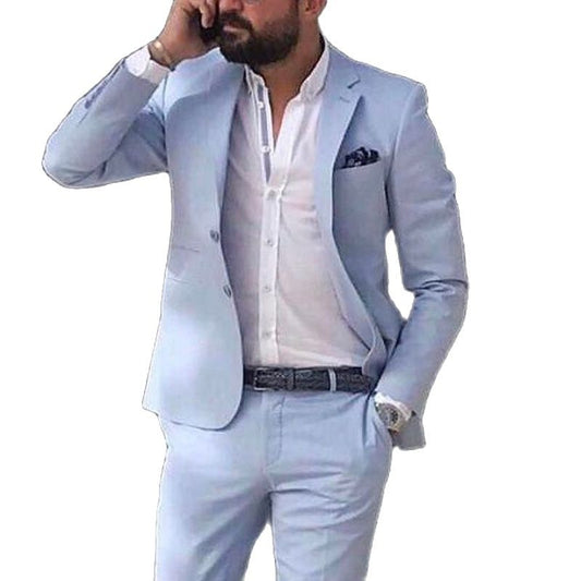 Sky Blue Linen Beach Men Suits Groom Tuxedo for Wedding - LiveTrendsX
