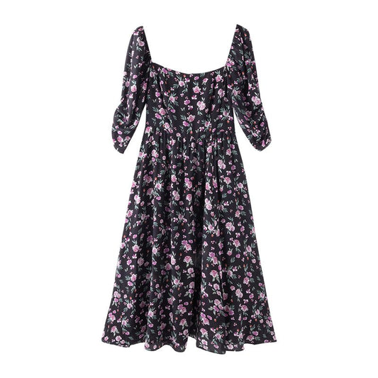 Square Neck Rose Print Slim Silk Dress - LiveTrendsX