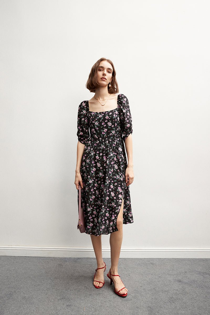 Square Neck Rose Print Slim Silk Dress - LiveTrendsX