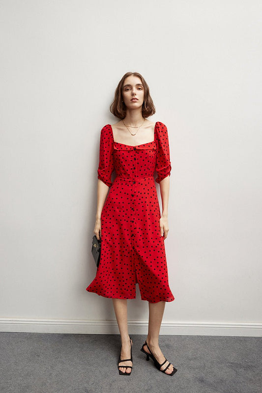 Square Neck Silk Red Bottom Black Polka Dot Dress - LiveTrendsX