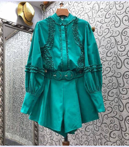 Summer 2 Piece Set Ladies Ruffle Long Sleeve Shirts - LiveTrendsX