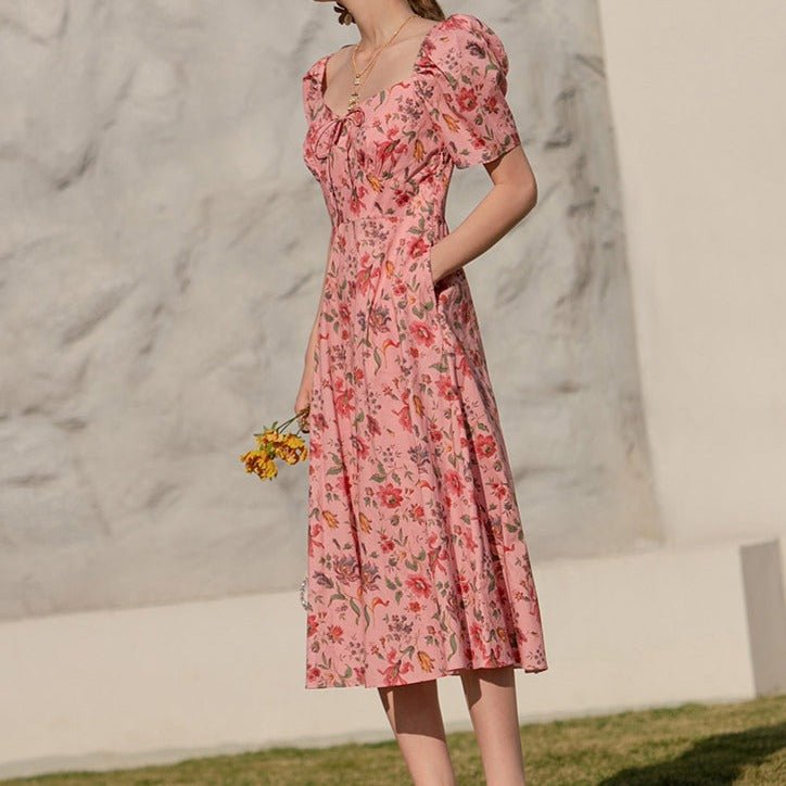 Summer French over - the - knee floral puff - sleeve open - back square - neck dress - LiveTrendsX