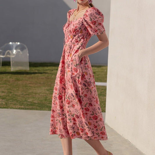 Summer French over - the - knee floral puff - sleeve open - back square - neck dress - LiveTrendsX