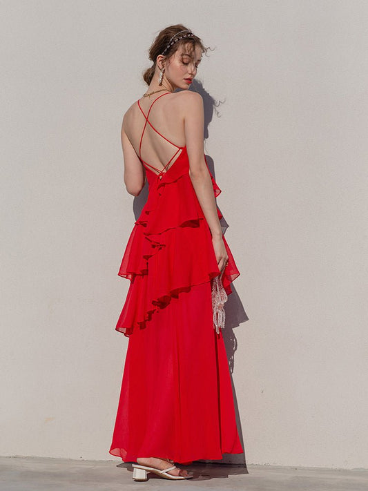Summer suspender cake dress open back beach red dress - LiveTrendsX