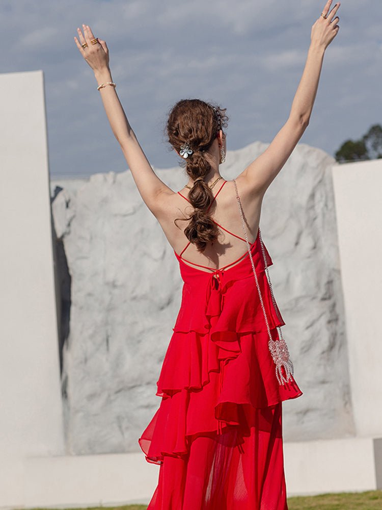 Summer suspender cake dress open back beach red dress - LiveTrendsX