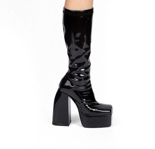 Thick Sole Platform Shoes Square Toe High Heels Long Knee High Boots - LiveTrendsX