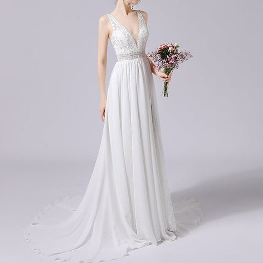 V - Neck Hand Beaded Lace and Satin Wedding Dress - LiveTrendsX