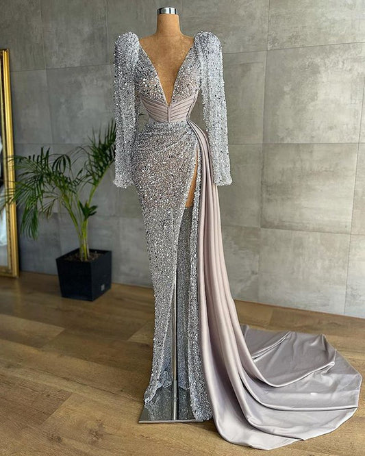 V - neck Luxury Beaded Mermaid High Slit Silver Formal Evening Gowns - LiveTrendsX