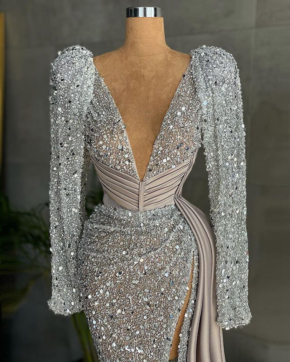 V - neck Luxury Beaded Mermaid High Slit Silver Formal Evening Gowns - LiveTrendsX