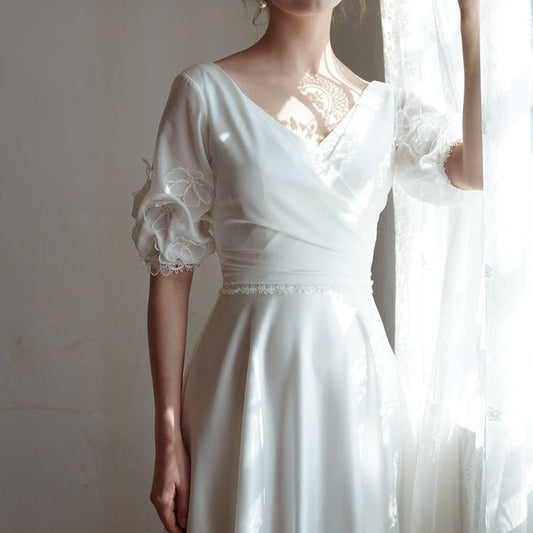 V - neck mid - sleeve wedding dress dream white dress - LiveTrendsX