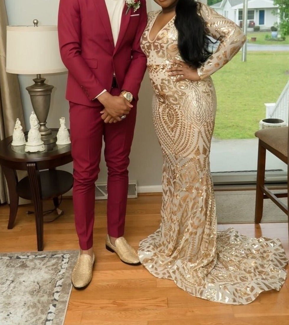 V - neck Rose Gold Sequin African Black Girls Real Prom Gala Gowns - LiveTrendsX