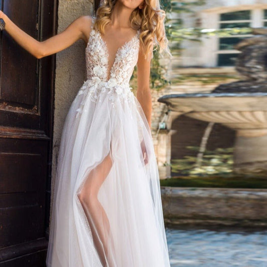 V - neck slim and split brigade shoot wedding dress - LiveTrendsX
