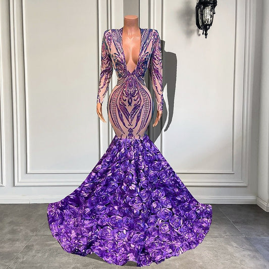 V - neck Sparkly Sequined Black Girls Mermaid Fitted Lavender Prom Gowns - LiveTrendsX