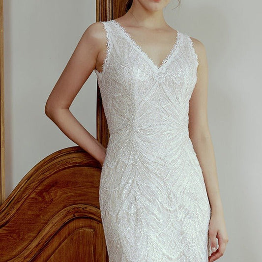 V - neck waist mermaid beaded lace light wedding dress - LiveTrendsX