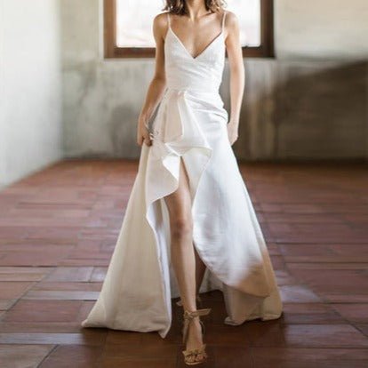 V - strap front slit plain satin open - back wedding dress - LiveTrendsX