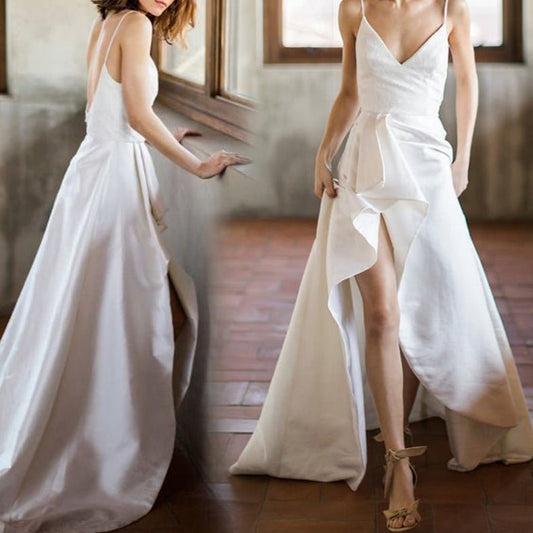 V - strap front slit plain satin open - back wedding dress - LiveTrendsX