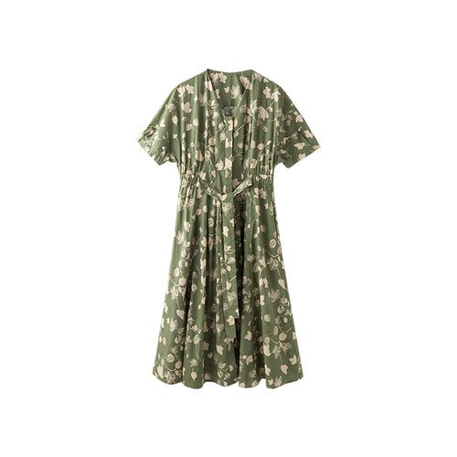 Vintage High Waist V - Neck Teal Cotton French Print Short Sleeve Dress - LiveTrendsX