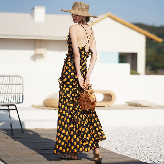 Vintage open back dress lace up ruffle dress - LiveTrendsX